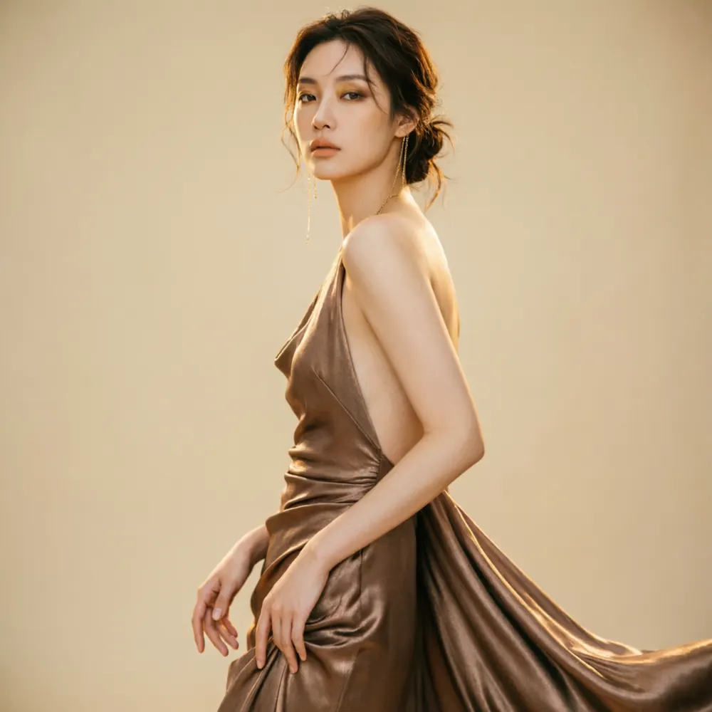 Vestido de gala Almendra en satén bronce suave drapeado