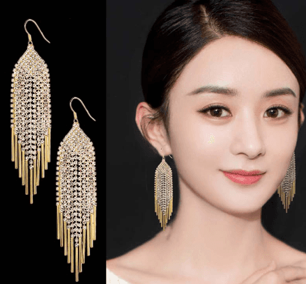 Pendiente Strass Romboide con flequillos dorados